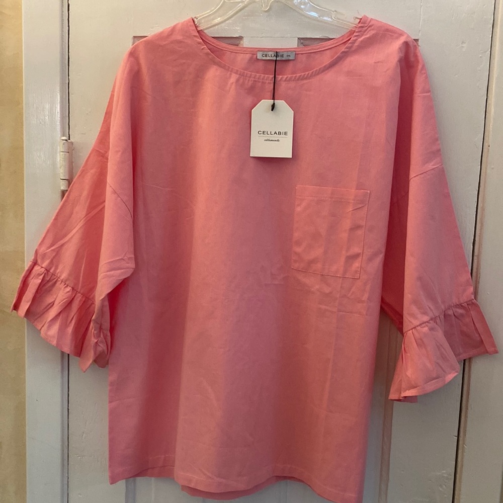 CELLABIE 2XL XXL Pink cotton top blouse 3/4 ruffle sleeve Bubble Gum NWT